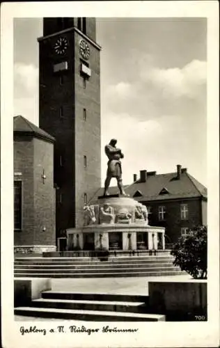 Ak Jablonec nad Nisou Gablonz an der Neiße Region Reichenberg, Rüdigerbrunnen, Turm mit Uhren,...