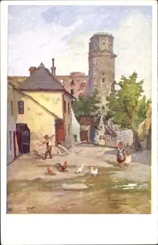 Ak Pressburg Bratislava Slowakei , Malerei mit Hühnern, Turm im Hintergrund, ländliche Szene, ...