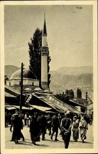 Ak Sarajevo Bosnien Herzegowina, Moschee, Minarett, Märkte, Menschen, historische Architektur