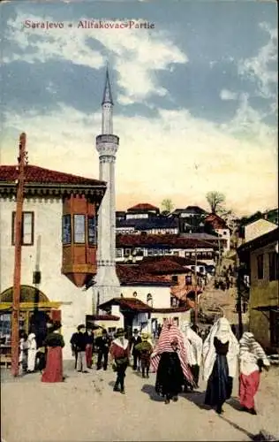 Ak Sarajevo Bosnien Herzegowina, Sarajevo Alifakovac-Partie, Minarett und traditionelle Kleidung