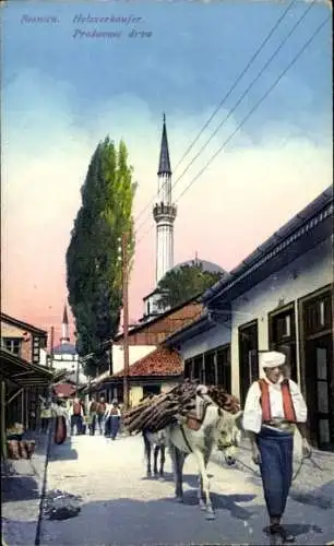 Ak Sarajevo Bosnien Herzegowina, Holzverkäufer, Straße, Häuser, Minarett, Männliche Figur, Rind