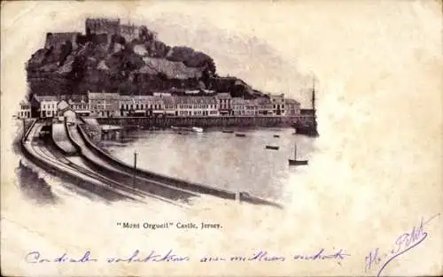 Ak Gorey Kanalinsel Jersey, Mont Orgueil Castle, "Mont Orgueil" Castle,  Hafenansicht, kleine ...