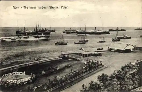 Ak Aden Jemen, Innerer Hafen, Dampferanlegepunkt, Schiffe, Gartenanlage