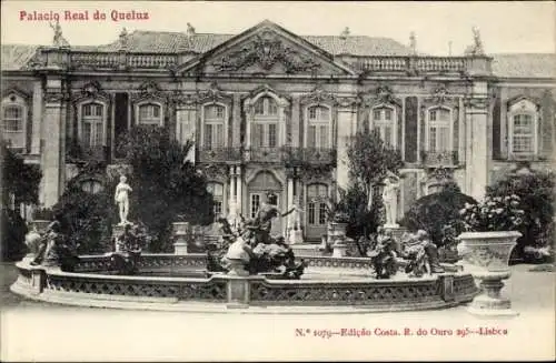 Ak Queluz Portugal, Palacio Real de  klassizistische Architektur, Garten mit Statuen