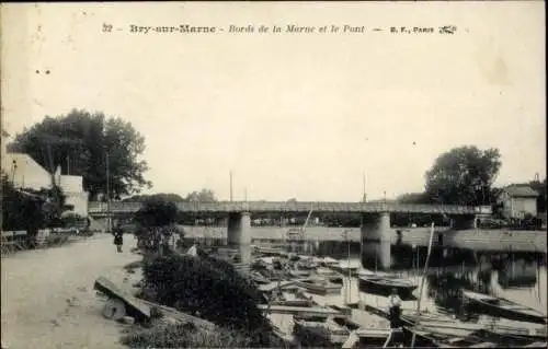 Ak Bry sur Marne Val de Marne, Ufer der Marne, Brücke