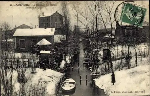 Ak Alfortville Val de Marne, Schneebedeckte Landschaft, Kanal, Boot, Häuser, nmotiv