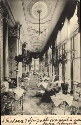 Ak Westminster London City, Hotel Cecil, Drawing Room Terrace, eleganter Innenraum, Pflanzen, Tis
