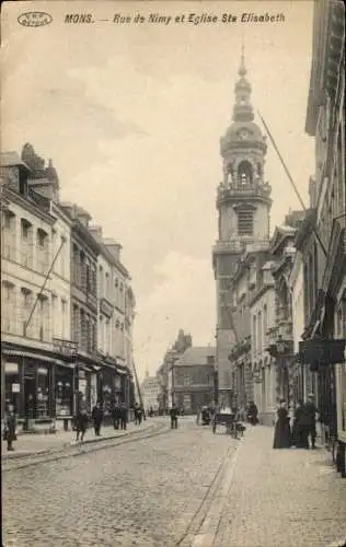 Ak Mons Wallonien Hennegau, Rue de Nimy, Eglise Ste Elisabeth, alte Architektur, Straßenansicht