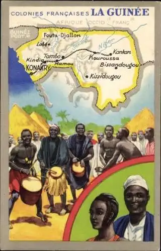 Landkarten Ak Colonies Francaises, La Guinee, Trommel spielende Menschen