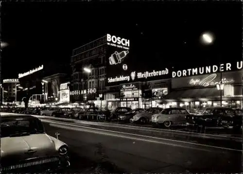 Ak Berlin Charlottenburg, Kurfürstendamm, Hotel am Zoo, Leuchtreklame Bosch, Scharlachberg