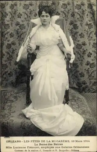Ak Orléans Loiret, Frau in weißem Kleid, dekorativer Hintergrund, Festakt, 1914, Reine des Reines