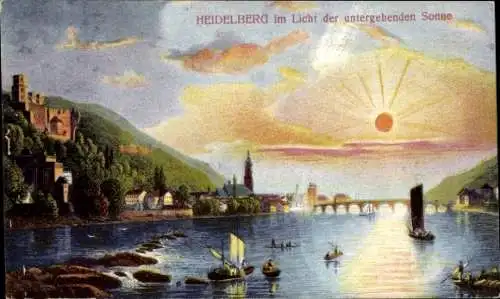 Ak Heidelberg am Neckar,  Sonnenuntergang über Neckar, Burgen, Boote, malerische Landschaft