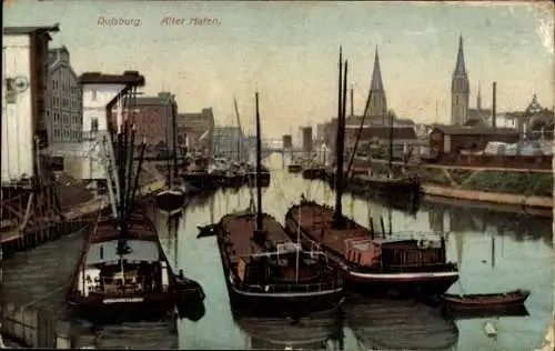 Ak Duisburg im Ruhrgebiet, Alter Hafen, Schiffe, Wasserstraße, Stadtsilhouette,  Architektur