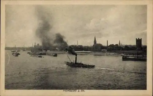 Ak Homberg am Rhein Duisburg im Ruhrgebiet, Stadtansicht, Dampfer, Schiffe, rauchende Fabriken, R