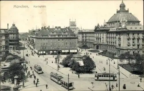 Ak München Bayern,  Karlsplatz,  Architektur, Straßenbahnen