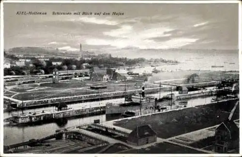 Ak Kiel Holtenau Schleswig Holstein, Schleusen mit Blick auf den Hafen