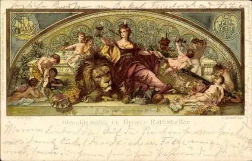 Künstler Litho Hansestadt Bremen, Wandgemälde im Bremer Ratskeller, Die weinspendende Brema, Löwe