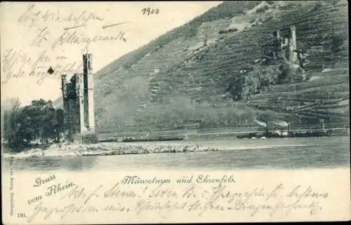 Ak Koblenz am Rhein, Mäuseturm, Ehrenfels, Fluss, Wasserturm, Landschaft