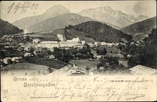 Ak Berchtesgaden in Oberbayern, Berglandschaft, Grüße aus  alte Architektur,  von 1900