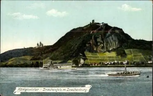 Ak Königswinter am Rhein, Berg Drachenfels, Schloss Drachenburg, Schiffe auf dem Rhein
