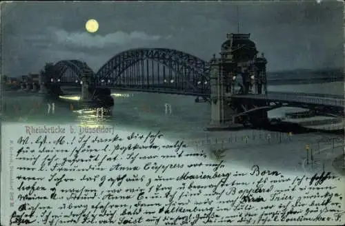 Mondschein Ak Düsseldorf am Rhein, Rheinbrücke