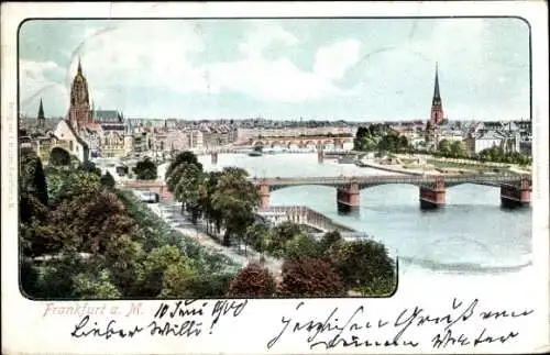 Ak Frankfurt am Main, Teilansicht, Brücke, Kirchtürme