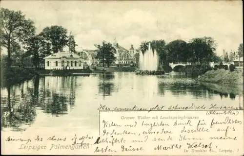 Ak Leipzig, Palmengarten, Grosser Weiher, Springbrunnen