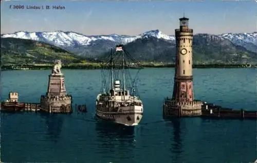 Ak Lindau am Bodensee Schwaben, Lindau Hafen, beeindruckende Seeansicht, Schiff, Leuchtturm, Gebi