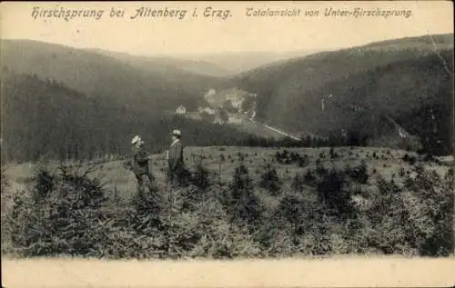 Ak Hirschsprung Altenberg Erzgebirge, Hirschsprung, Talansicht, Waldlandschaft, Männer stehen