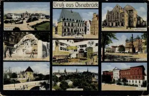 Ak Osnabrück in Niedersachsen, Bahnhof, Rathaus, Stadttheater, Neumarkt, Friedenssal, Brunnen, Vi