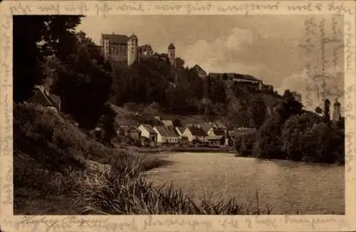 Ak Donauwörth in Schwaben Bayern, Blick auf Harburg mit Schloss, am Fluss, nahe Häuser