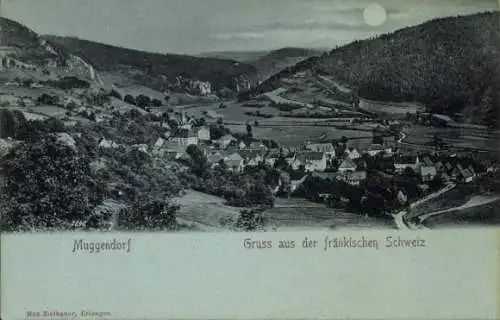 Ak Muggendorf Wiesenttal Fränkische Schweiz, Landschaftsaufnahme, Kleinstadt, Gebirge, Mondschein