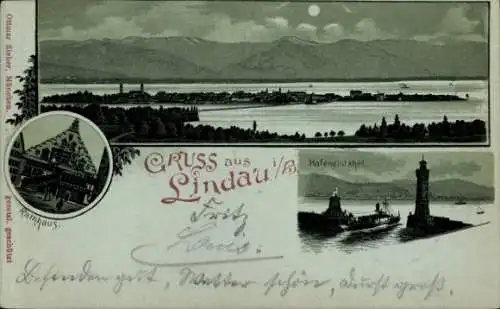 Ak Lindau am Bodensee Schwaben, Hafeneinfahrt, Blick auf den Bodensee, Berge im Hintergrund, 