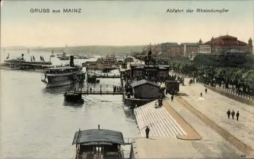 Ak Mainz am Rhein, Flussansicht, Hafen, Rheindampfer, Menschen, Gebäude