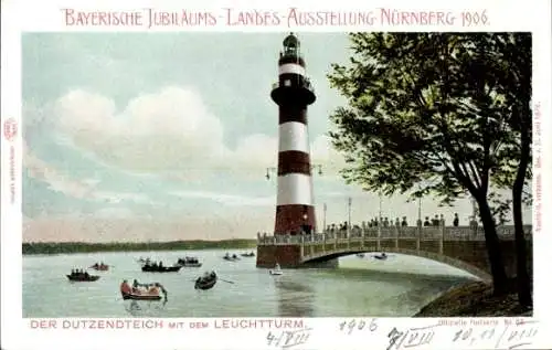 Ak Dutzendteich Nürnberg in Mittelfranken Bayern, Leuchtturm, Dutzendteich, Boote, Bäume, Jubiläu