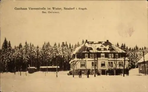 Ak Neudorf (Kreis Annaberg) Sehmatal im Erzgebirge, Gasthaus Vierenstraße im Winter, verschneite 