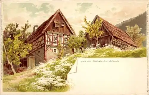 Ak Bad Schandau Sächsische Schweiz, Häuser im ländlichen Stil, Blumenwiese, Landschaft, Künstlich