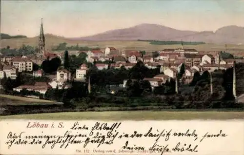 Ak Löbau in Sachsen, Stadtansicht  Kirche, Häuser, Landschaft im Hintergrund