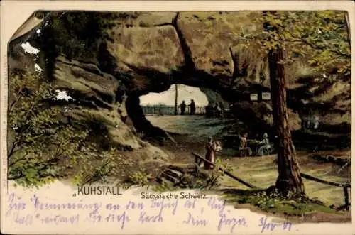 Litho Bad Schandau an der Elbe, Partie am Kuhstall, Gaststätte