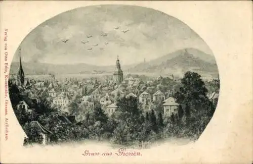 Ak Giessen Gießen an der Lahn Hessen, Stadtansicht mit Kirche, Gebäude, Landschaft und Vögeln
