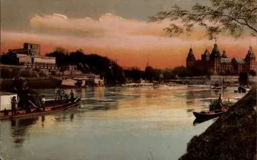 Ak Aschaffenburg in Unterfranken, Flusslandschaft, Schloss,  Boote, Abendstimmung