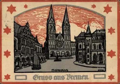 Ak Schnoor Bremen, Marktplatz, zwei Türme, Gebäude im Hintergrund, r Stil, Gruß aus Bremen