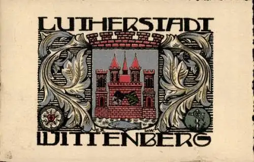 Ak Lutherstadt Wittenberg, Burg mit Türmen, floralem Rahmen, Wappen, verschiedene Symbole