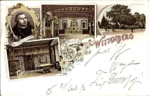 Ak Lutherstadt Wittenberg, Martin Luther, Wittenberger Stube, Luther-Eiche, Grafiken