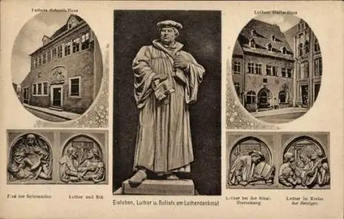 Ak Lutherstadt Eisleben, Geburtshaus von Luther, Sterbehaus, Reformation, Lutherdenkmal, Reliefs