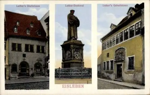 Ak Lutherstadt Eisleben, Luther's Sterbehaus, Luther-Denkmal, Luther's Geburtshaus
