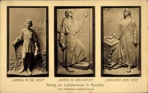 Ak Mansfeld im Harzvorland, Reliefs am Lutherbrunnen, Lebensweg