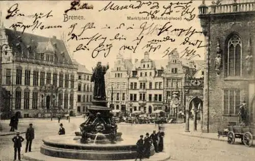 Ak Schnoor Bremen, Marktplatz, Brunnen,  Architektur, Menschen in n Kleidern