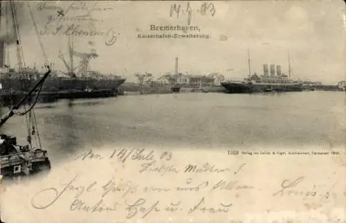 Ak Bremerhaven, Kaiserhafen mit Schiffen, J. F. Chemnitz, Datum 14. Juli 1903