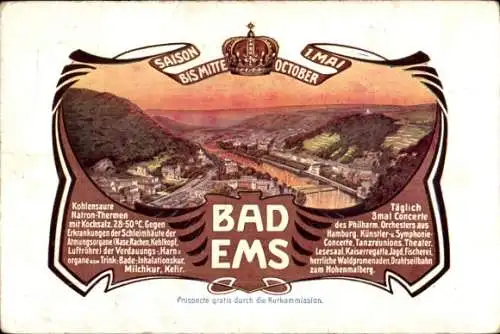 Ak Bad Ems an der Lahn, Ortspanorama, Krone